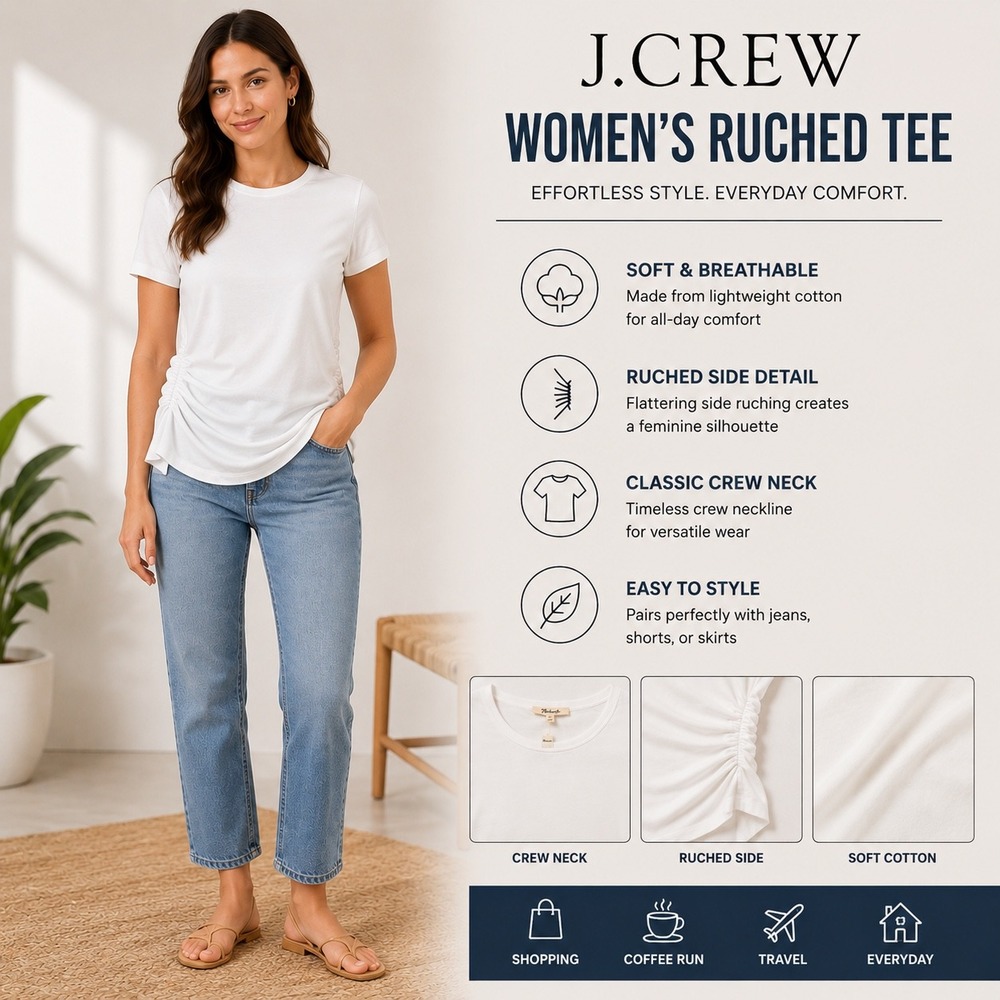 Madewell Womens White Side-Ruched Short Sleeve Crew Neck Tee Small NWT